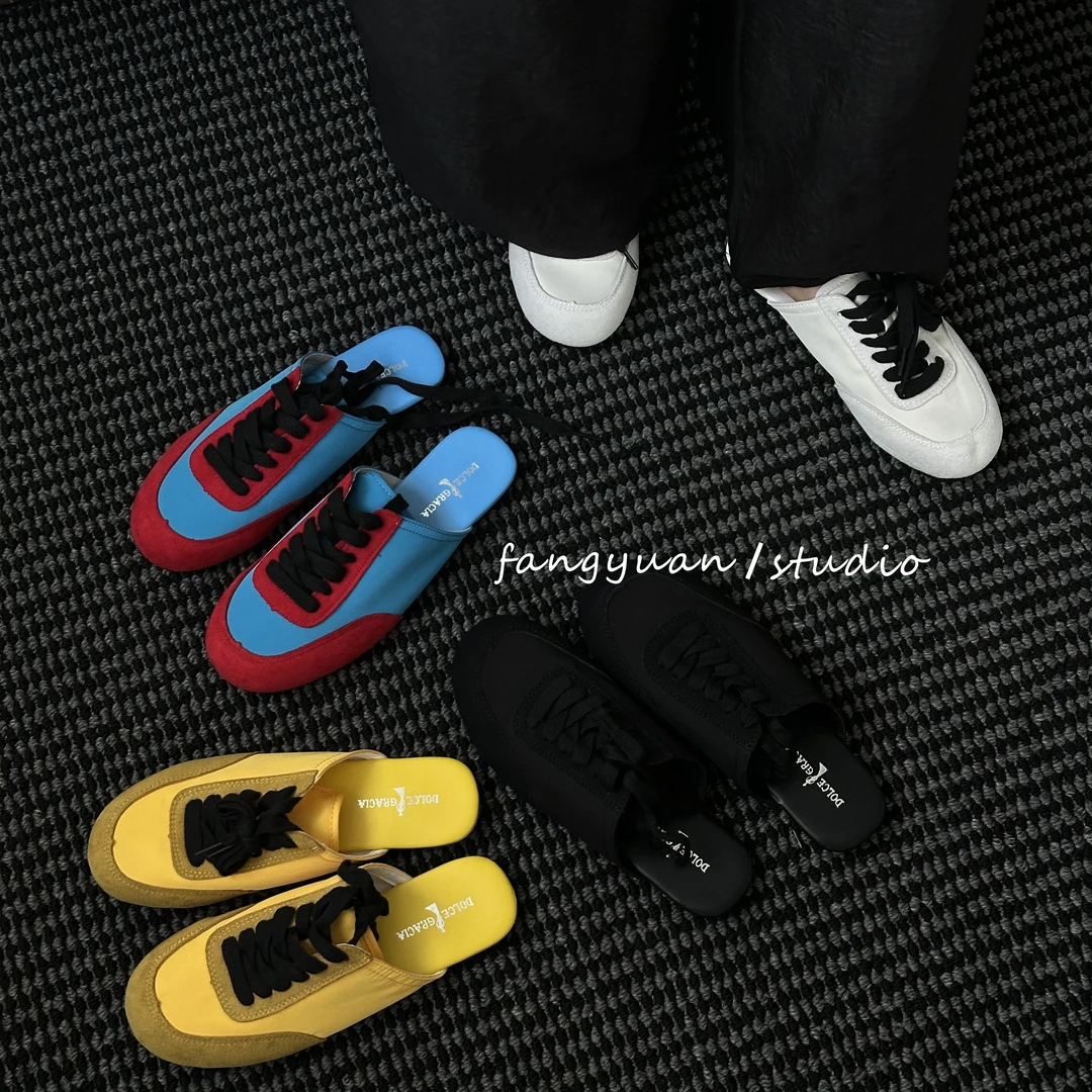 夏季包头拼色平底胶粘鞋纯色包头拖透气潮流软底赫本风穆勒拖