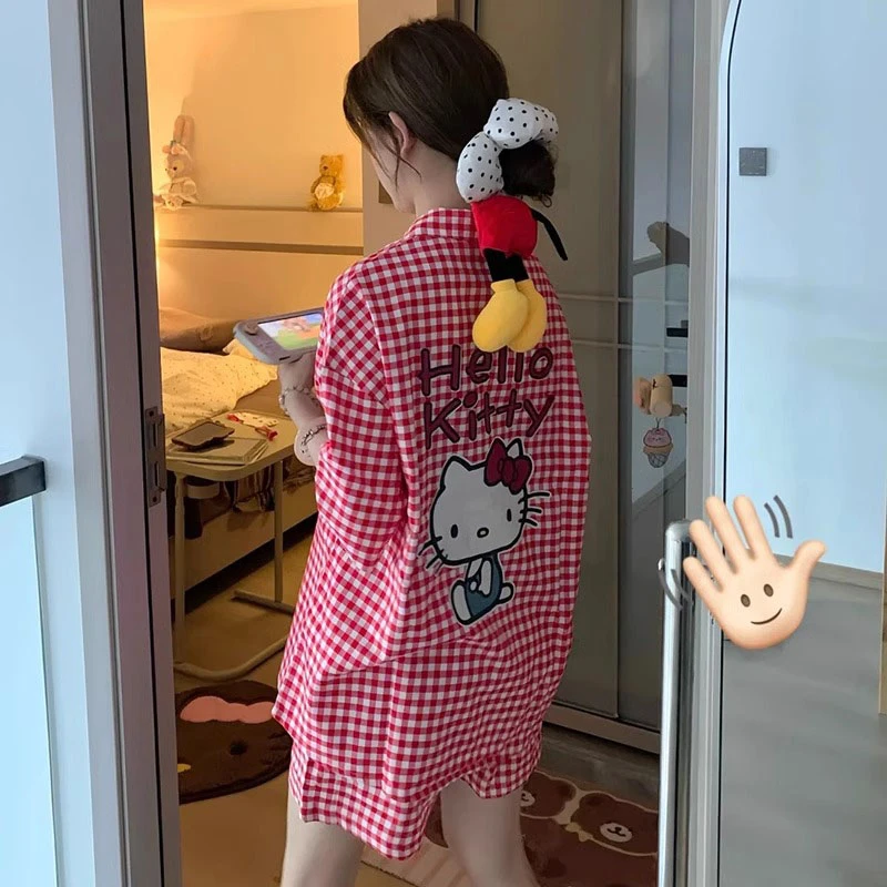格子卡通可爱2025新款云朵棉睡衣女夏季短袖短裤春秋天家居服套装
