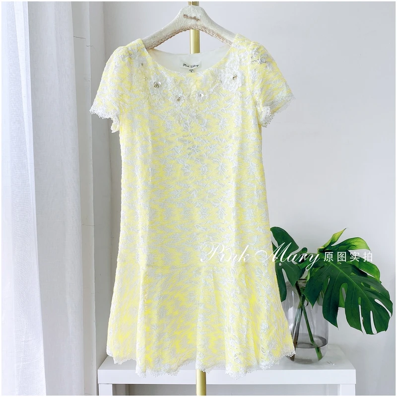 PinkMary粉红玛琍鹅黄圆领长款短袖连衣裙气质裙子女PMAFS508633