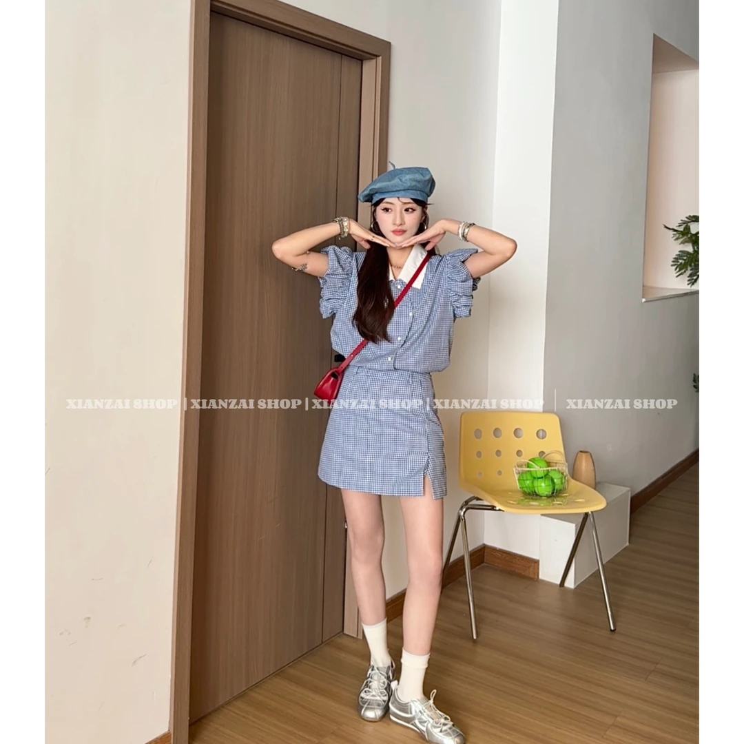 XIANZAI【雏菊日记】夏季新款森系格纹花苞袖衬衫开叉短裙两件套装