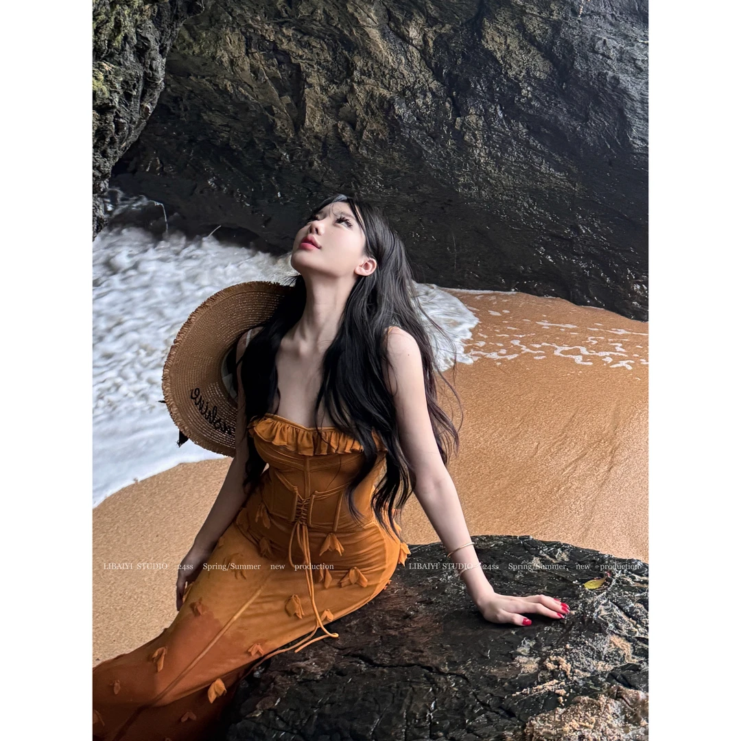 LIBAIYI 美人鱼/小众鱼骨吊带网纱连衣裙显瘦手工花朵长裙1380