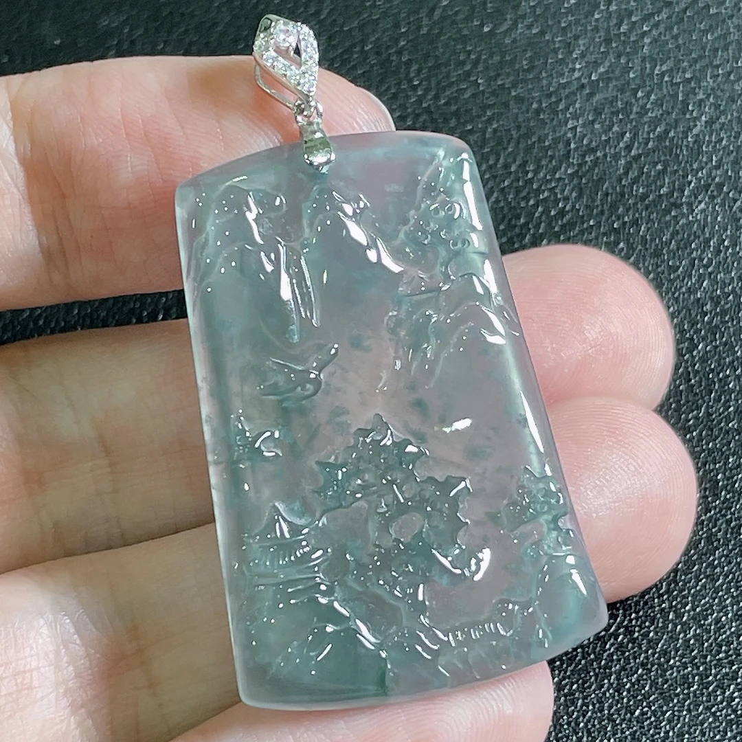 天然A货翡翠蓝冰山水吊坠129904 （多样性发货)