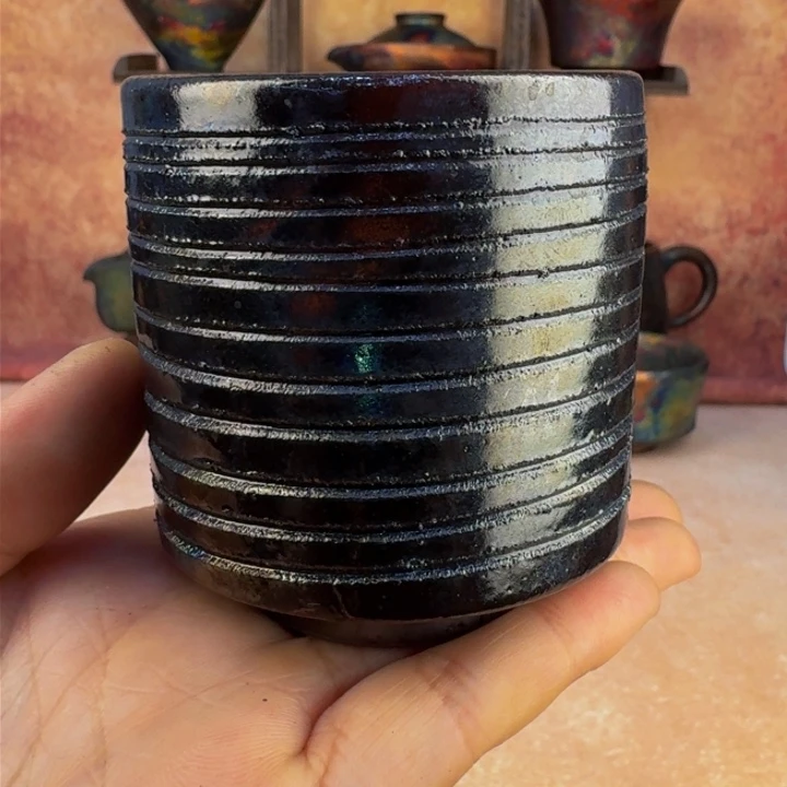 荥经黑砂黑炸利窑彩直筒杯微瑕不退不换介意勿拍39