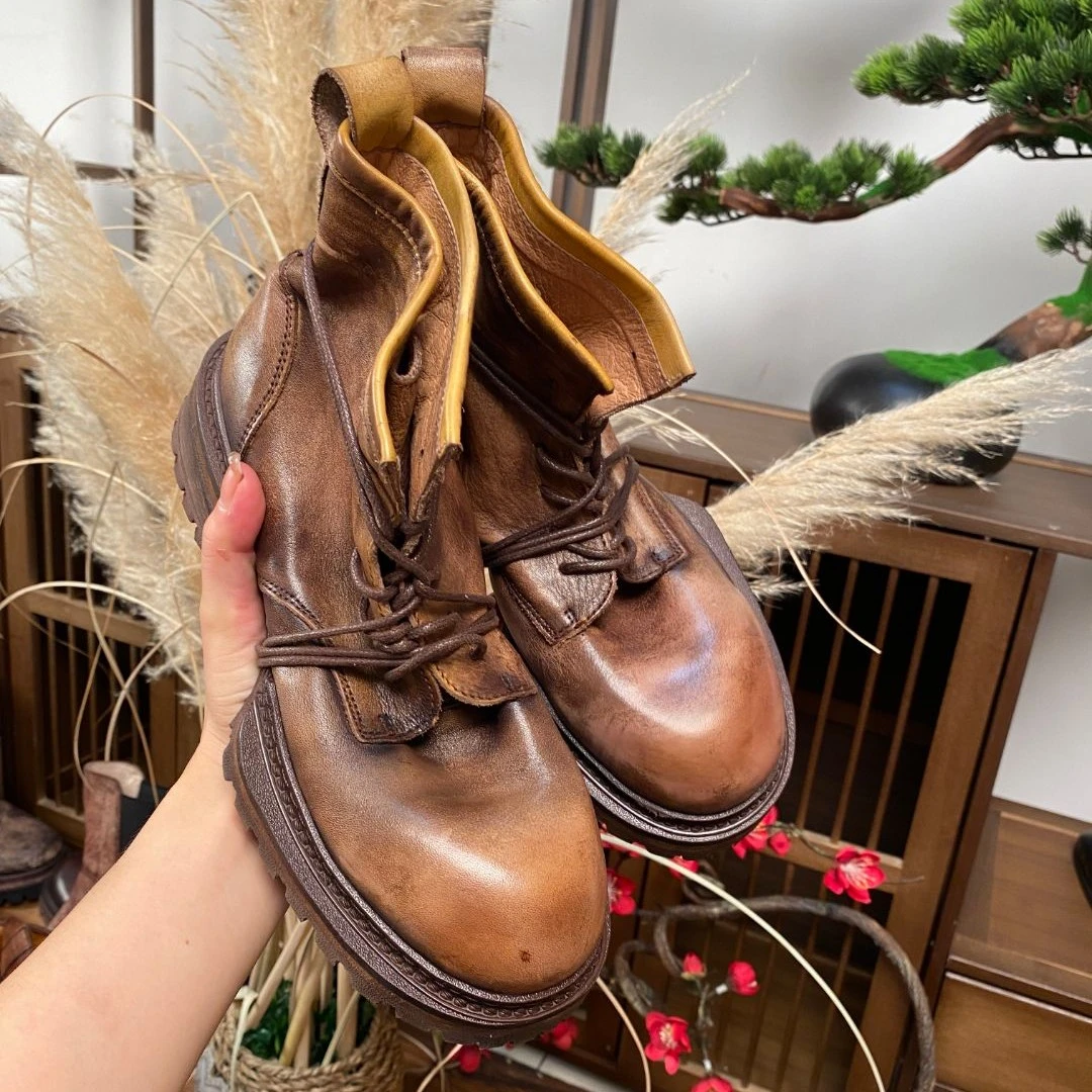 小辰手工女鞋（34-40码）4.5cm手工真皮水墨做旧款短靴