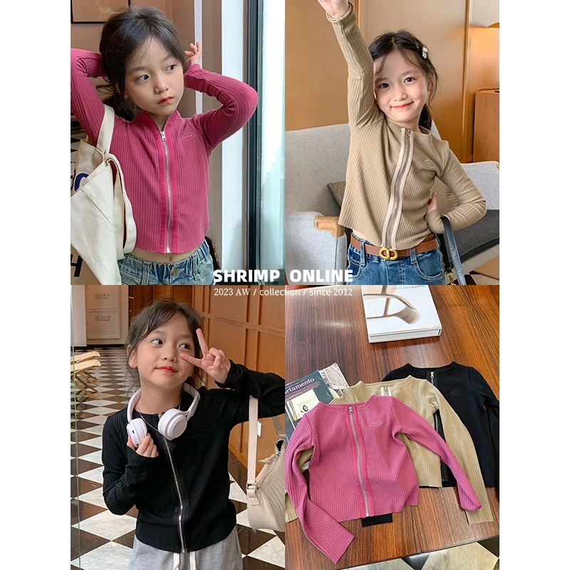 韩国新款Douzi春秋装款女童坑条长袖T恤儿童打底衫时髦拉链上衣