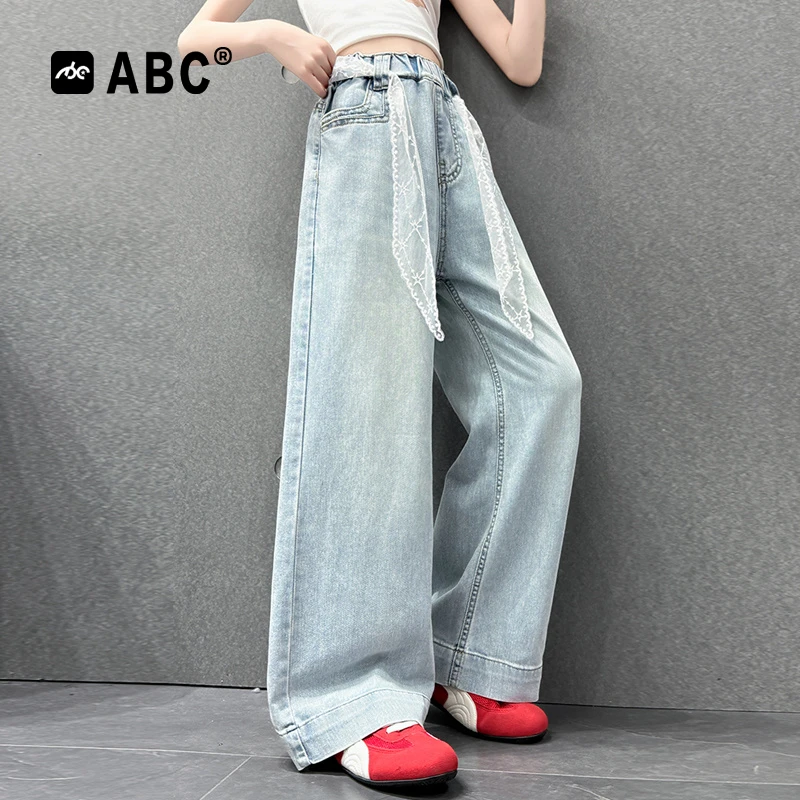 ABC女童牛仔裤夏季女孩2025新款蕾丝腰带阔腿裤女大童韩版防蚊裤
