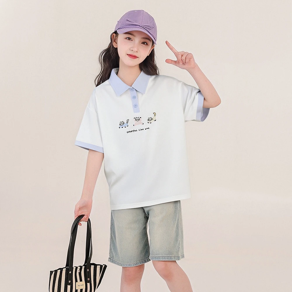 女童学院风polo衫短袖T恤2025新款夏季卡通刺绣上衣Q62435