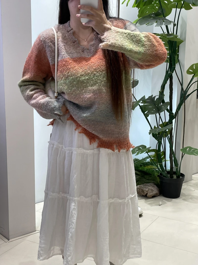 大码女装V领渐变条纹针织长袖胖mm2024秋冬破边毛衣22591