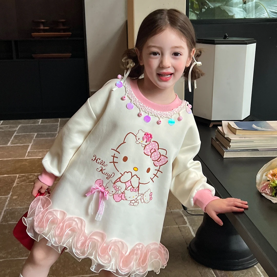 栀了成长记女童装甜美印花卫衣裙秋季新款儿童女宝花边长袖连衣裙