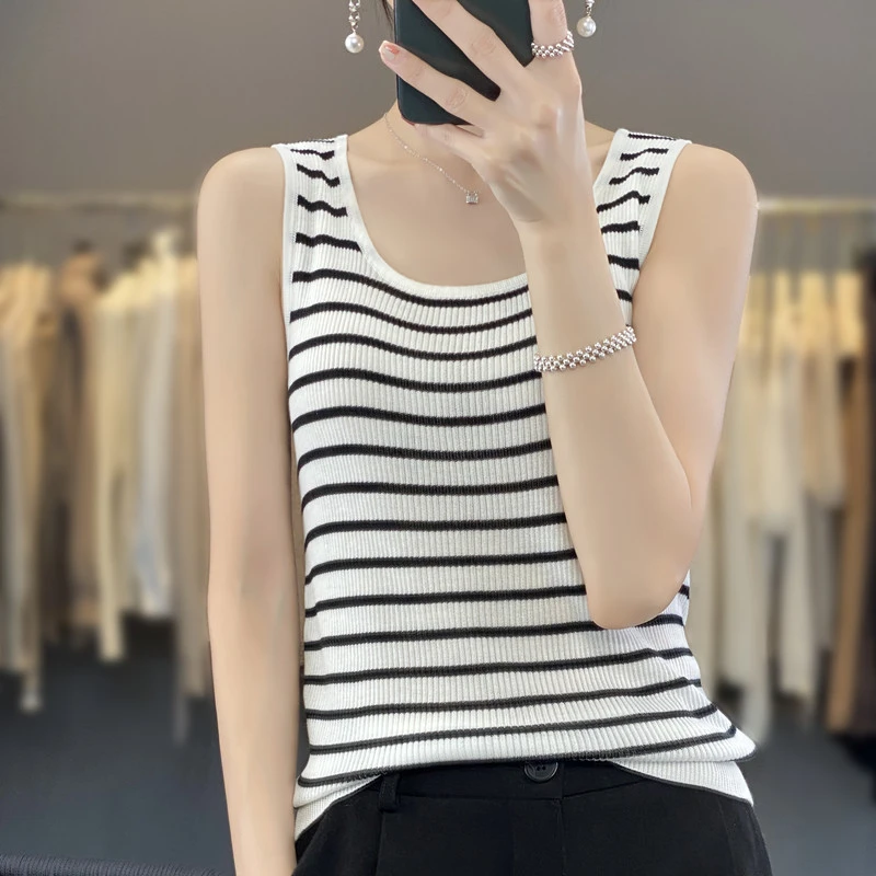夏季天丝针织衫薄款大U领吊带修身显瘦背心打底无袖女士条纹内搭