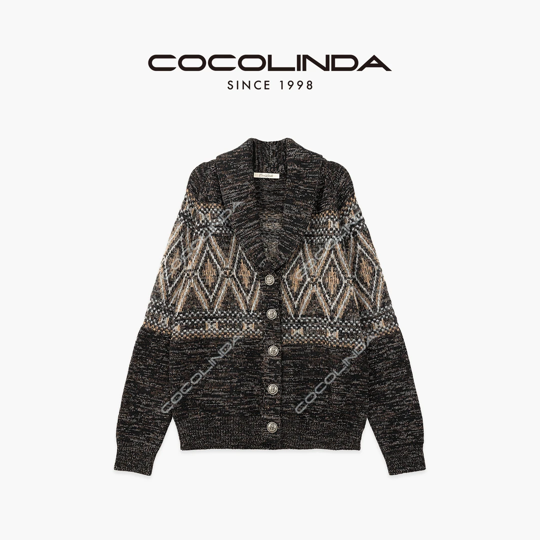 COCOLINDA 绵羊毛5针重工提花浮线男女CP老钱欧美青果领开衫S5302