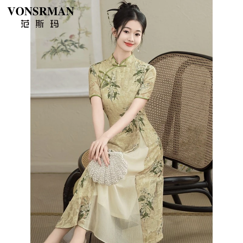 VONSRMAN新中式旗袍印花连衣裙2025夏季新款时尚小个子气质中长裙