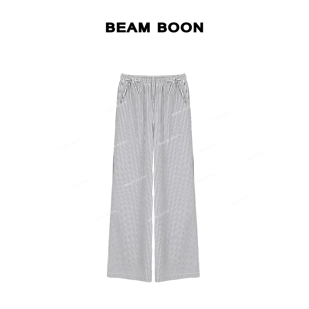 Beam Boon|【巴厘岛】ins少女条纹速干抗皱垂感抽绳松紧直筒休闲裤