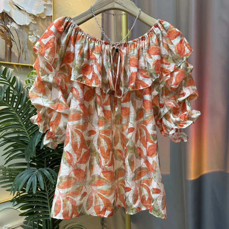 枫叶一字肩领荷叶边碎花法式短袖夏季衬衫泡泡袖显瘦气质宽松