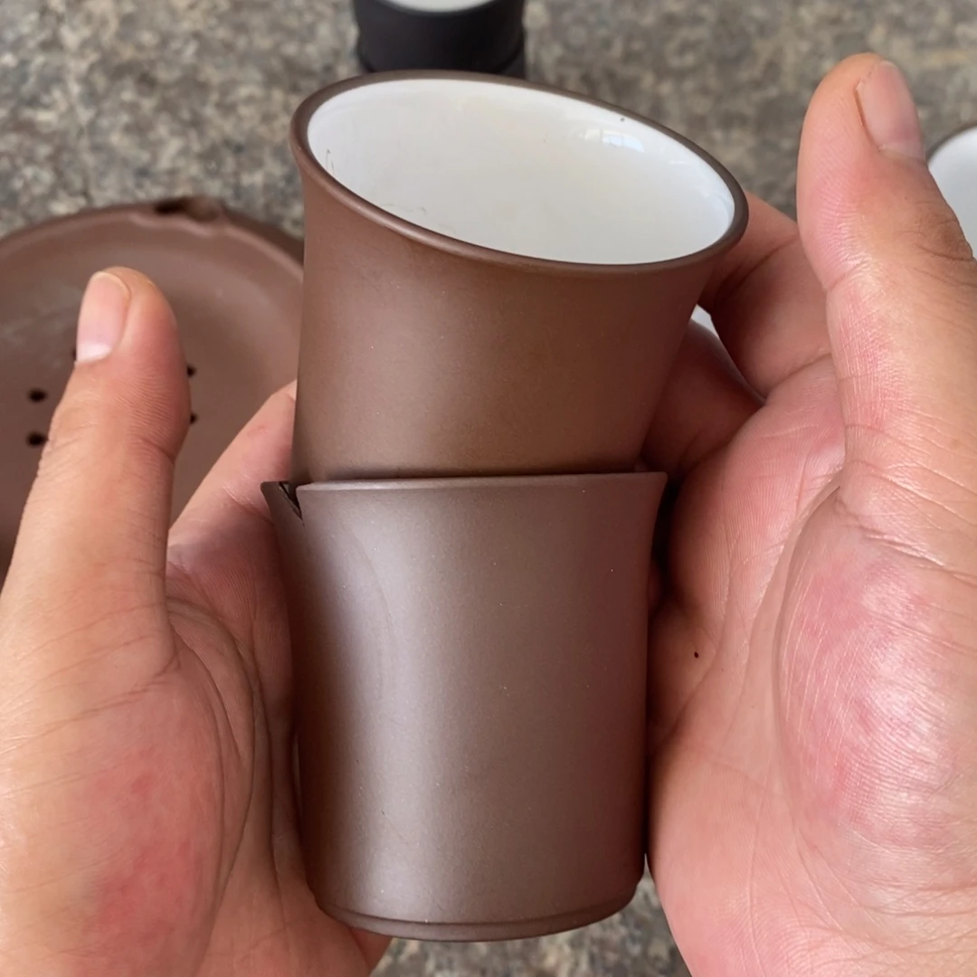 茶壶紫砂老紫泥白釉竹节杯120cc左右两个