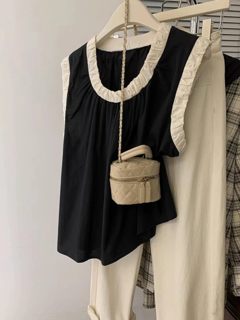 粉丝福利黑色无袖娃娃领高端宽松洋气衬衫女装夏装拼接夏季上衣