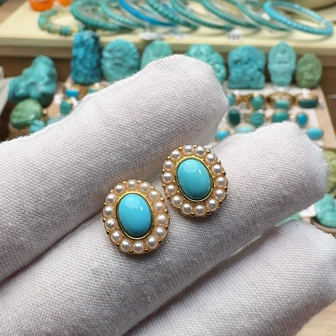 绿松石未镶嵌高瓷蓝耳钉