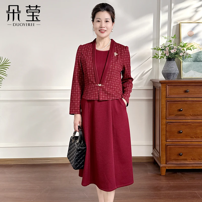 洋气妈妈装假两件连衣裙2025秋季新款气质修身显瘦中长款裙子FA09