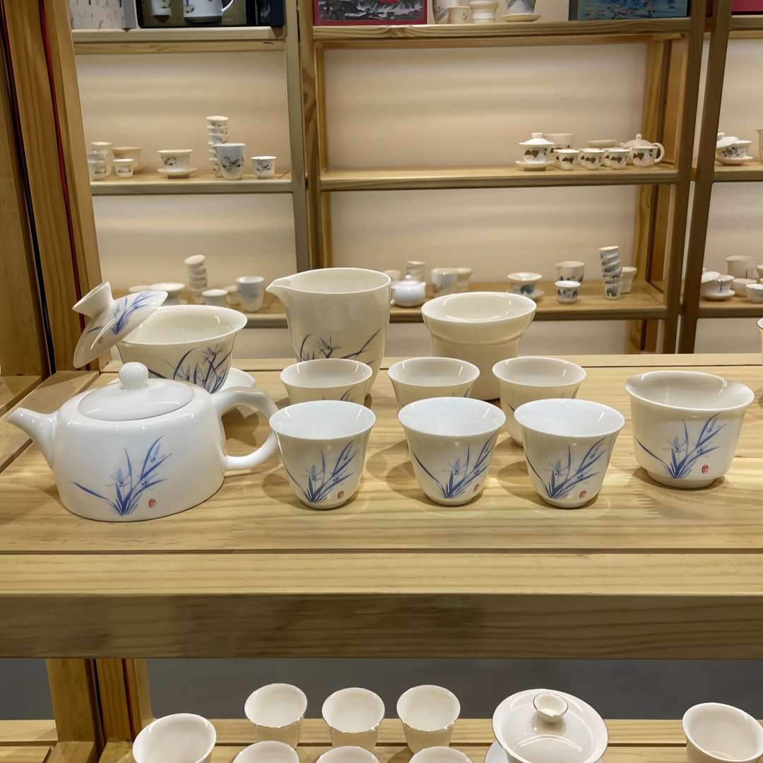 儒馨兰花12件套 羊脂玉瓷茶具套装家用送礼佳品茶壶盖碗主人杯