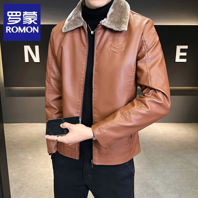 罗蒙皮毛一体皮衣男加绒加厚皮夹克翻领青年冬季潮流时尚休闲外套