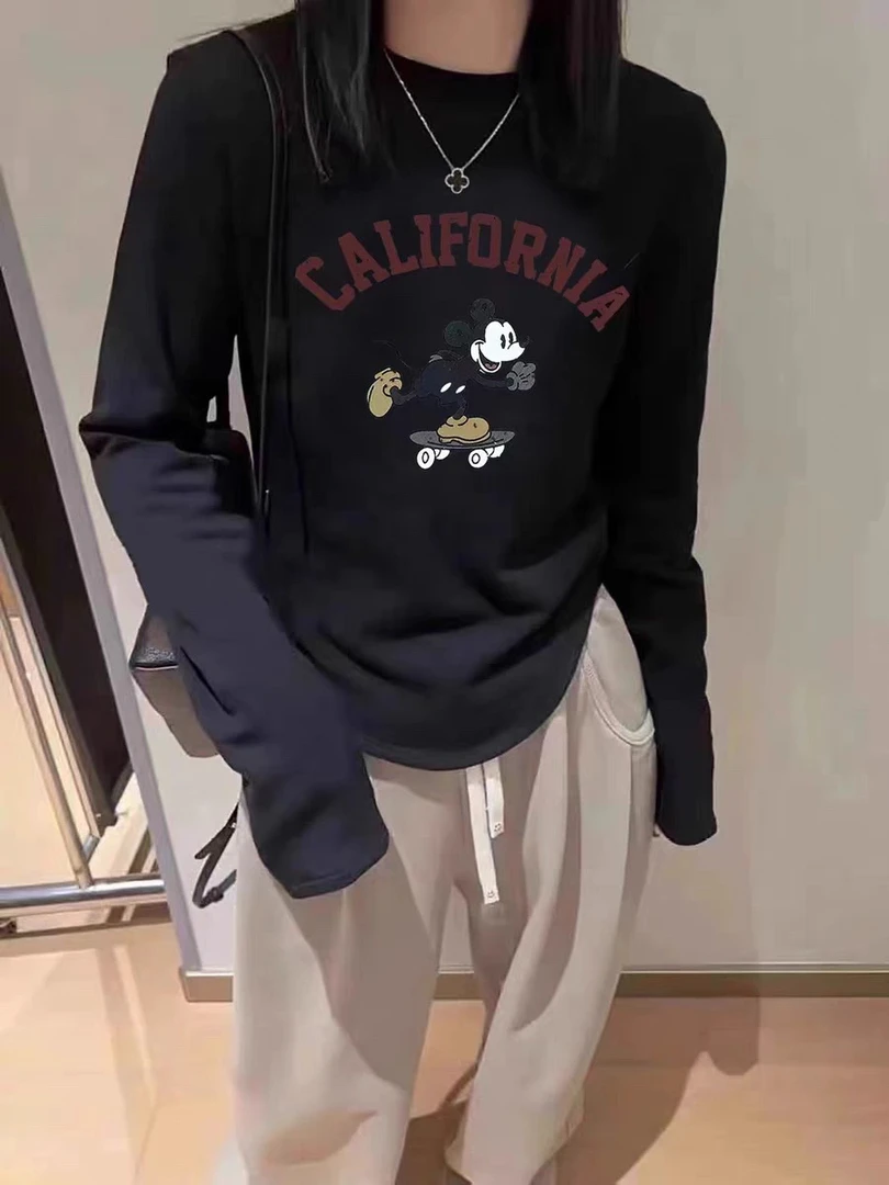 德绒卡通米奇印花短款内搭上衣