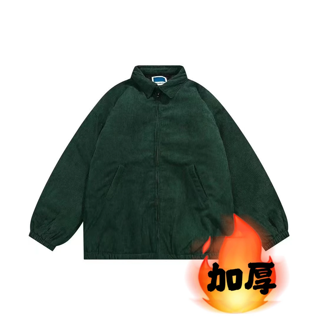 情侣休闲绿色港风时尚坑条纹翻领棉衣彩色复古宽松拉链棉服外套男