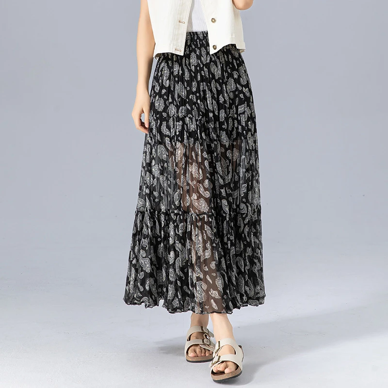 夏季新款高腰宽松碎花雪纺半身长裙尽显复古风情
