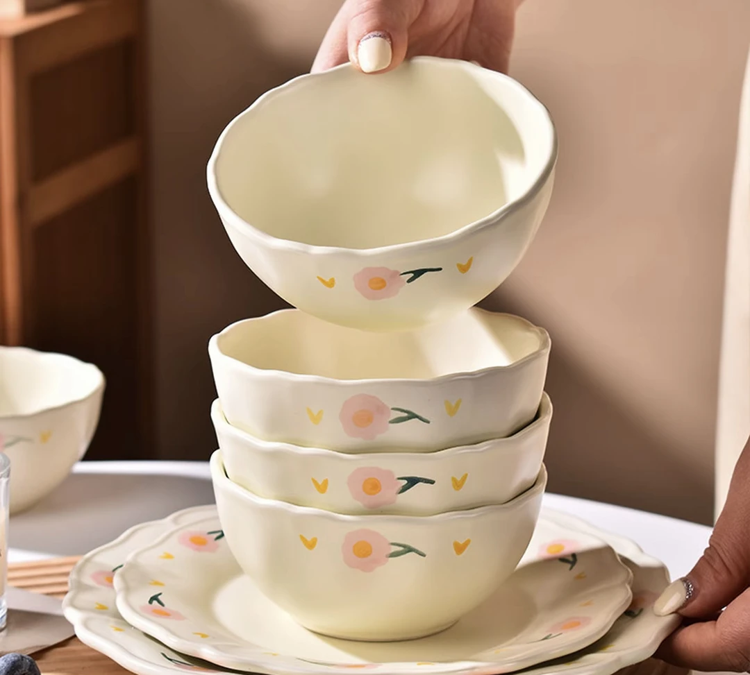 釉下彩创意碗吃饭碗奶油风餐具套装简约植物花卉大号鱼网红盘子