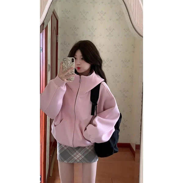 韩系新款连帽卫衣外套女秋冬季粉色慵懒感宽松开衫上衣裙子套装