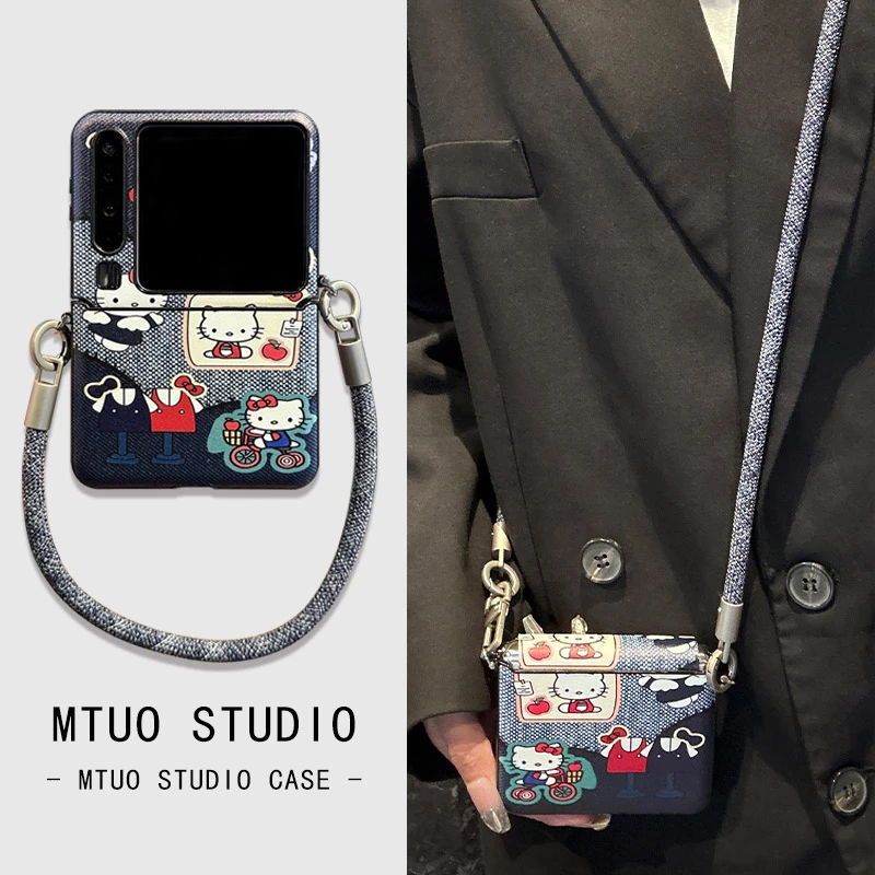 米拓牛仔kt猫适用于华为PuraX手机壳带挂绳 pocket2折叠连体皮质