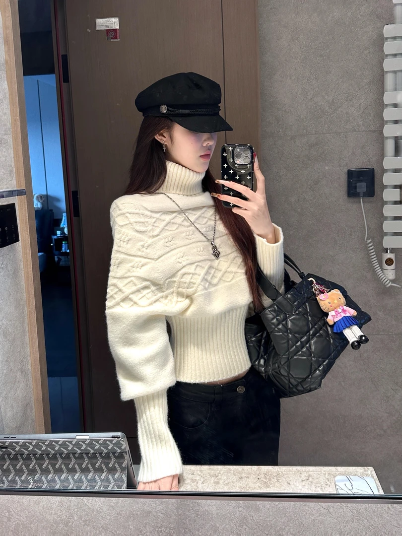 绞花蝙蝠袖套头毛衣女高领收腰上衣慵懒显瘦气质针织衫