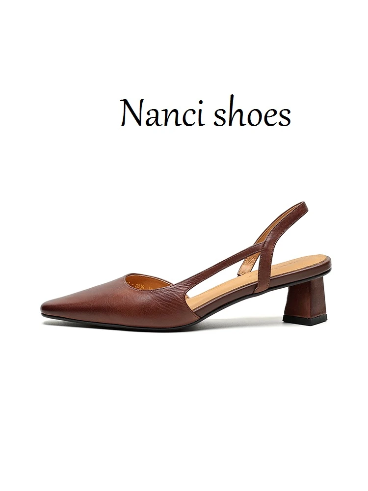 5cm粗跟头层水洗牛皮时尚尖圆头夏季新款百搭包头凉鞋女法式复古