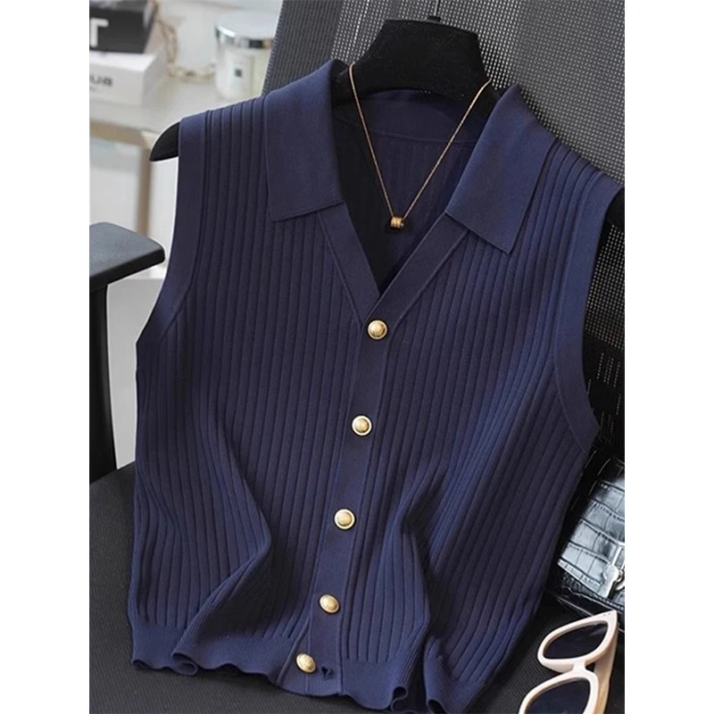 法式复古polo衫无袖针织背心女夏季时髦洋气减龄休闲无袖坎肩上衣