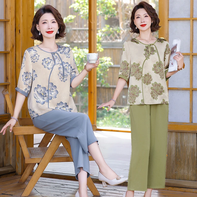 妈妈夏装两件套装短袖小衫2025新款洋气中老年女装夏季休闲两件套