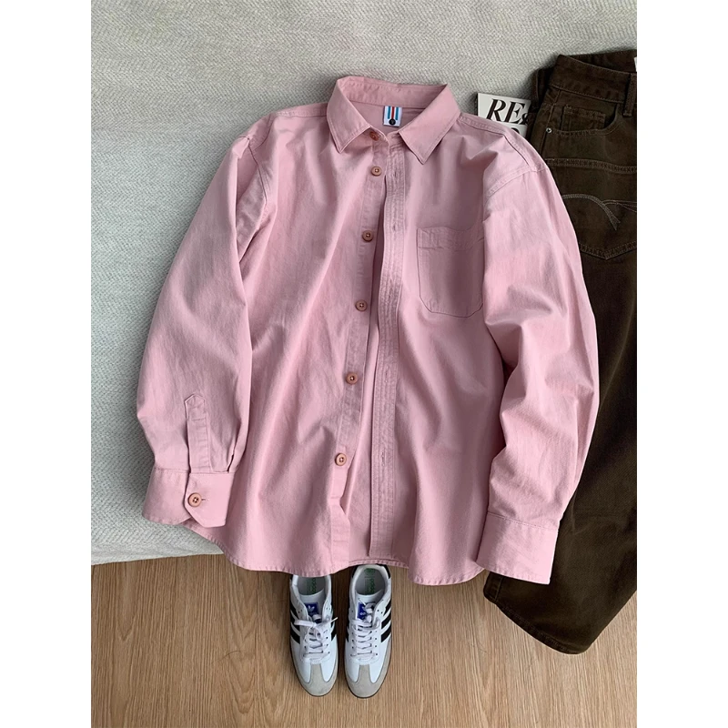 粉色纯棉衬衫男款长袖早秋穿搭慵懒风高级感叠穿衬衣潮牌休闲外套