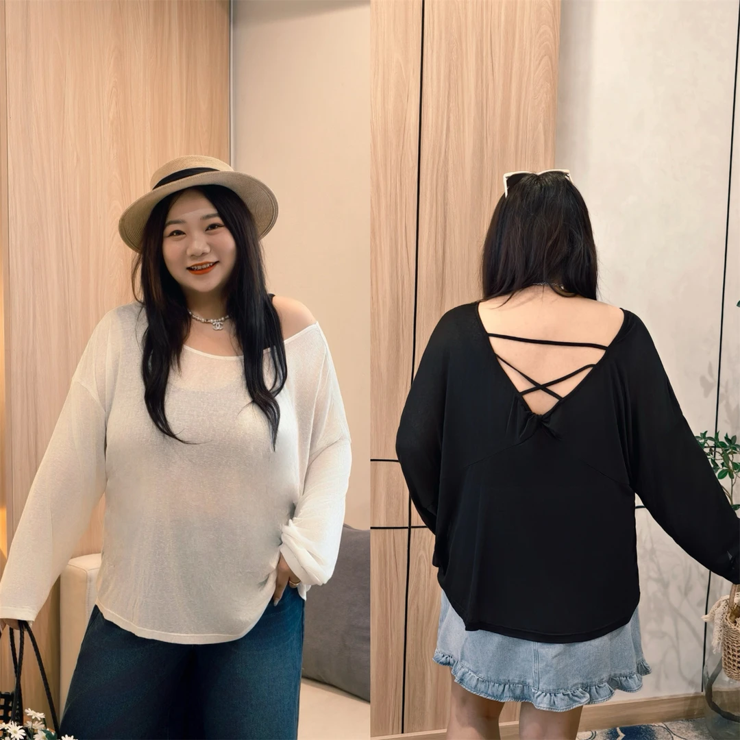 大码女装宽松花契200斤胖mm性感雪花棉交叉带露背长袖T恤15383