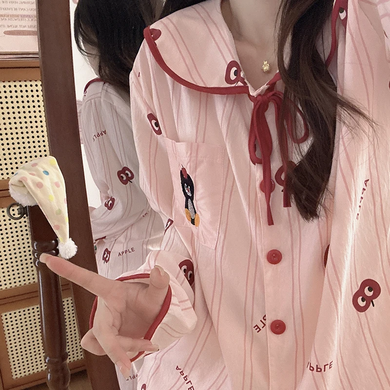 红苹果小企鹅睡衣少女心春秋季可爱泡泡棉长袖学生两件套家居服