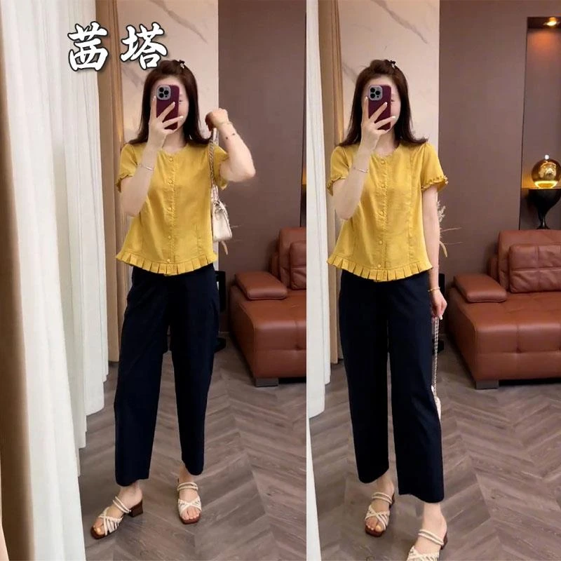 2025夏装搭配一整套时尚轻熟风气质花边短袖衬衫休闲九分裤两件套