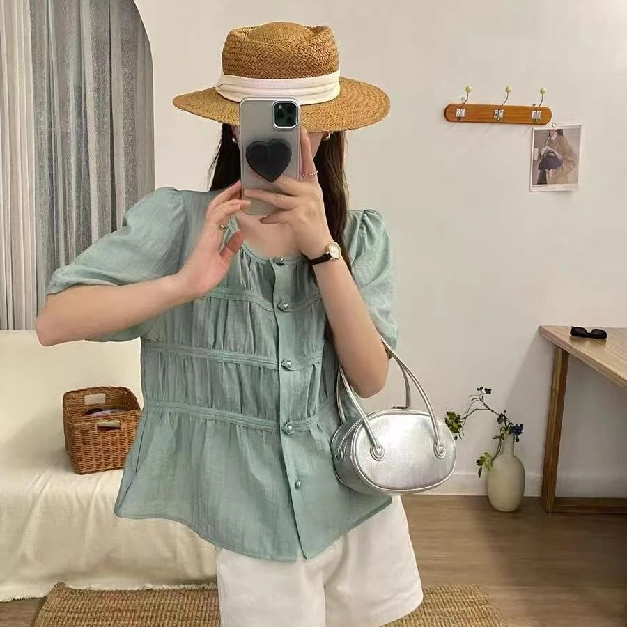 【柚子同款】ZJ夏季三褶时尚麻料小衫1901