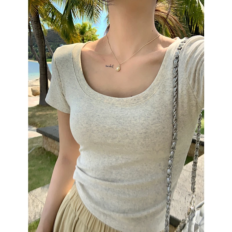 韩版正肩圆领短袖t恤女夏季新款ins风辣妹修身显瘦百搭打底衫上衣