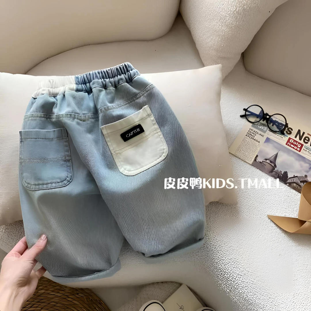 男童韩版牛仔拼接花边裤2025春秋季新款时尚百搭休闲拼接牛仔裤子
