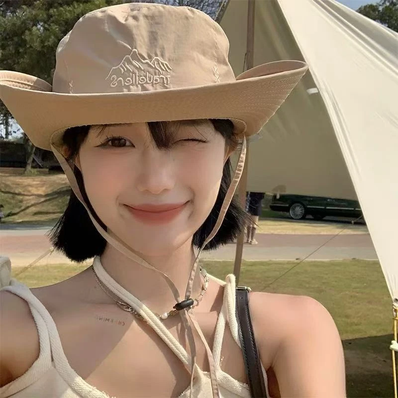 户外露营速干登山帽夏季男女日系抽绳钓鱼渔夫帽西部牛仔帽子