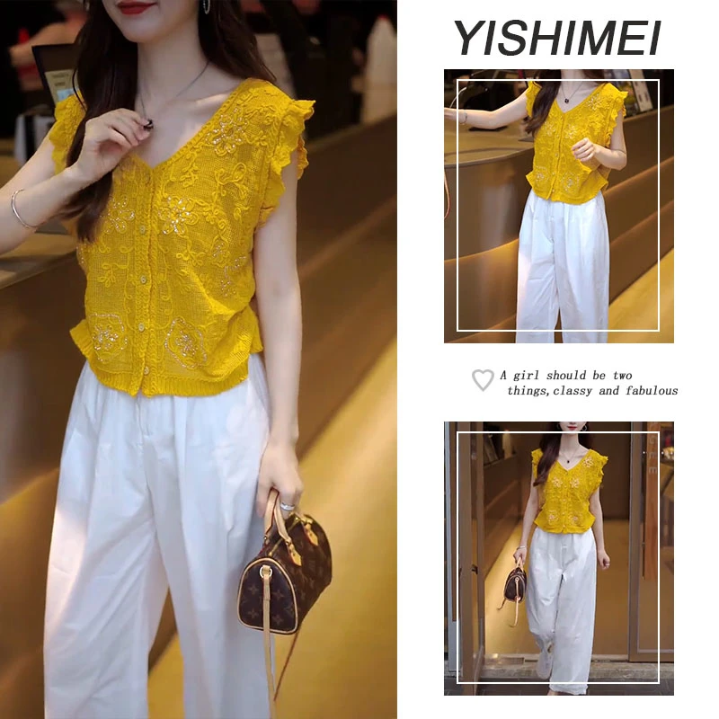 套装女2025年新款爆款木耳边v领上衣高腰显瘦休闲裤两件套装