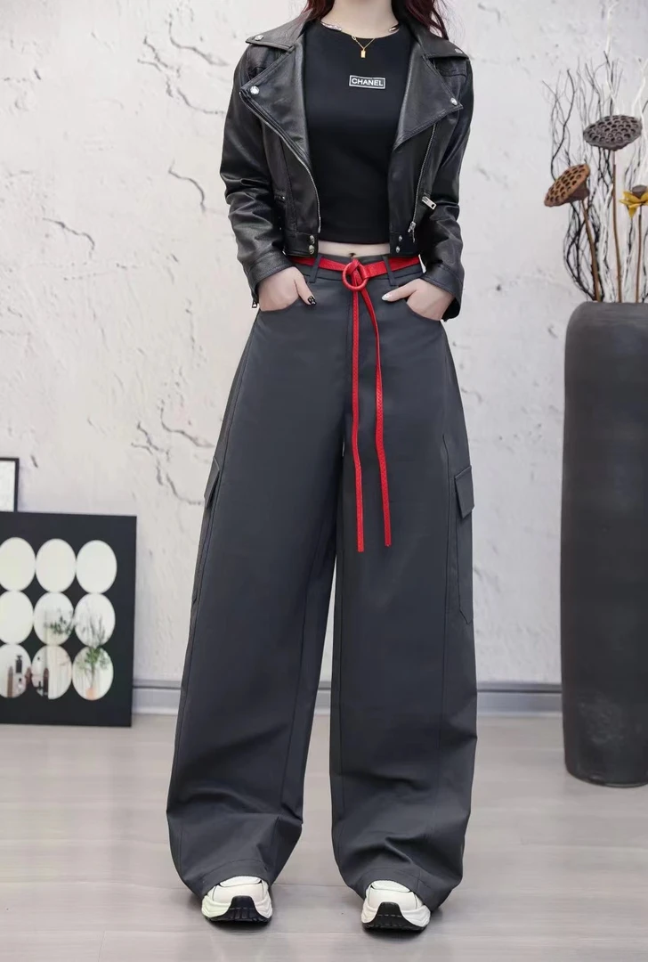 2025新款高腰长裤褶皱工装裤口袋休闲裤阔腿裤系带直筒春季休闲