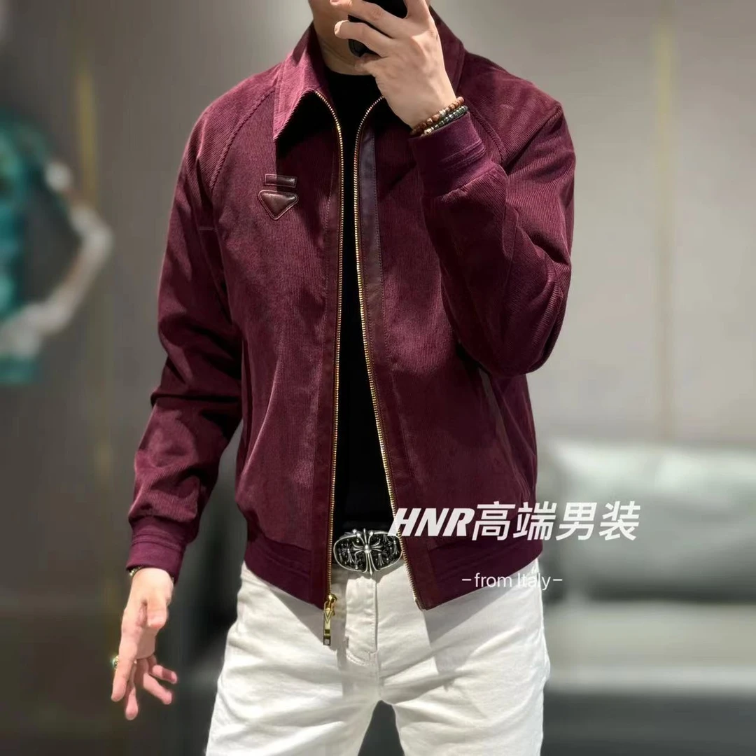 绵羊皮拼接倒三角胸标新款高端男士时尚休闲百搭夹克外套879