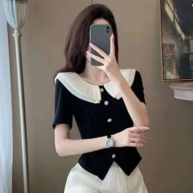 法式小香风气质上衣2025夏季时尚新款娃娃领别致修身显瘦短袖T恤