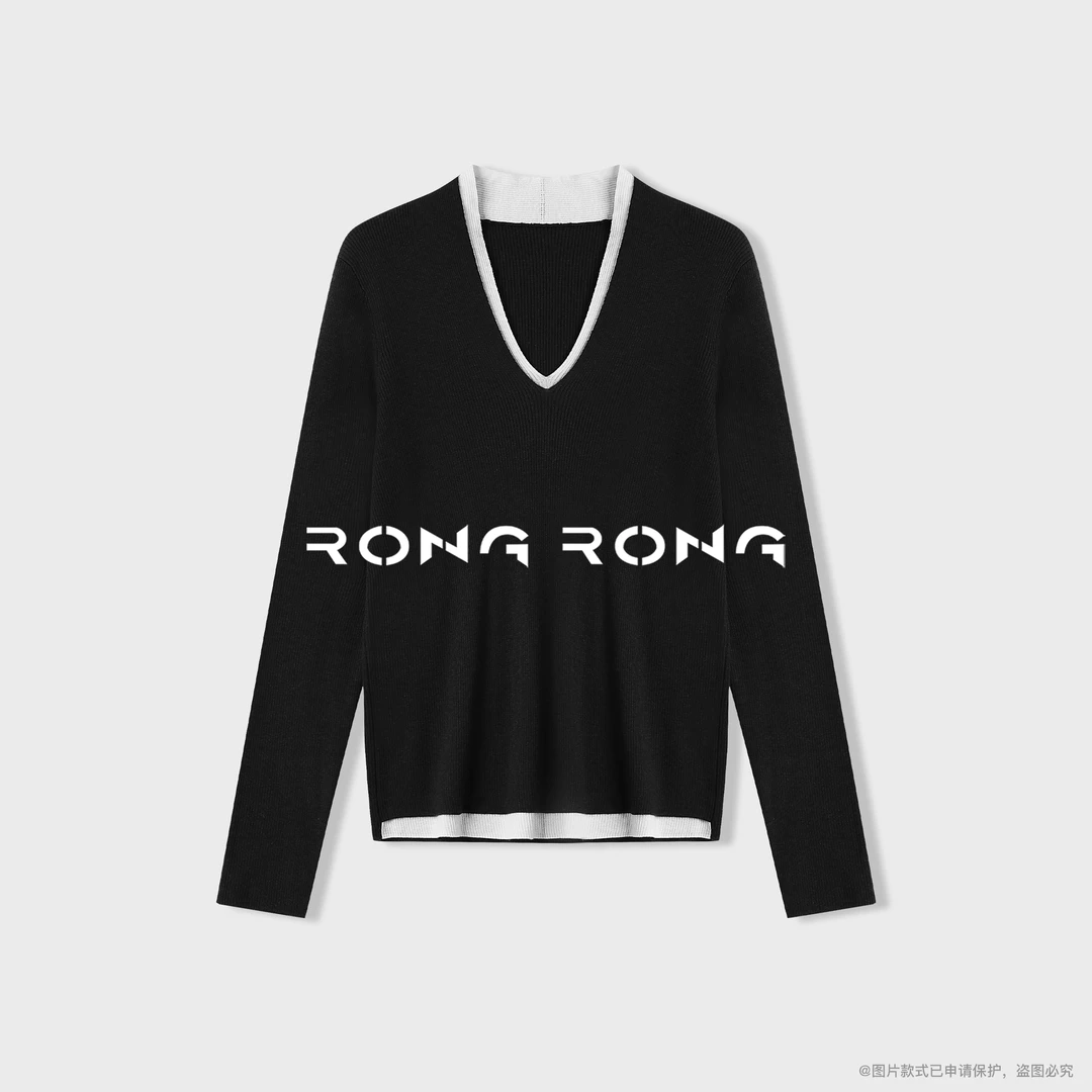 溶溶【高知文艺】RONGRONG 羊毛混纺V领撞色保暖休闲风打底衫11589