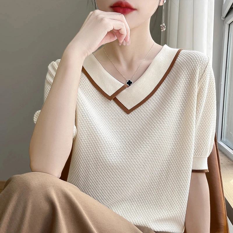 欧货polo领薄款针织衫短袖女2024夏季新款设计感小众显瘦上衣潮t