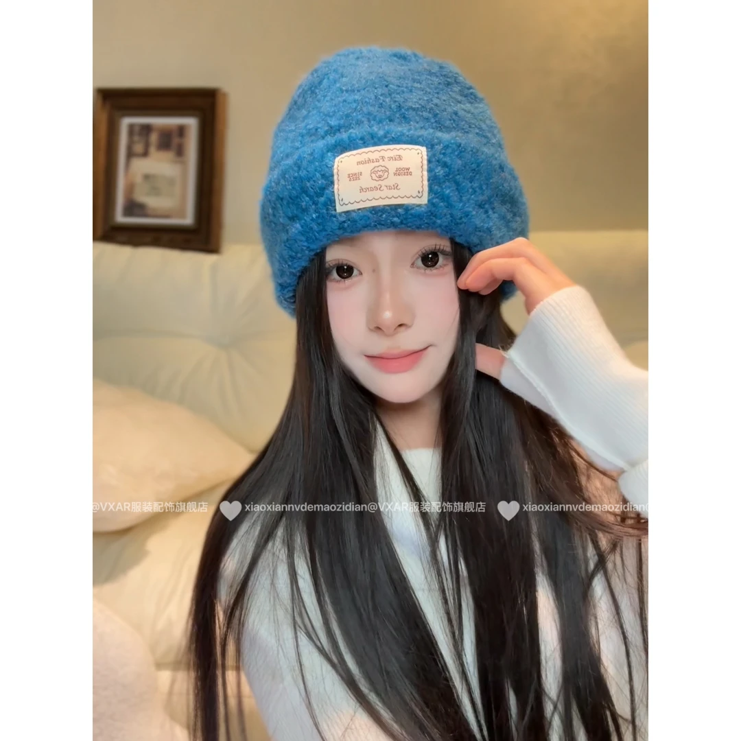 可爱小羊毛线帽蓝色贴布子女秋冬季显脸小耳冷帽百搭保暖护针织帽