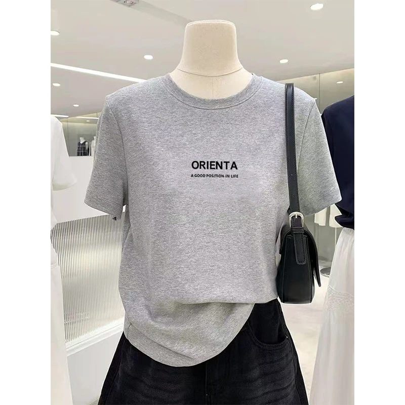2025夏季新款设计灰色字母印花洋气短袖T恤女百搭高级感正肩上衣